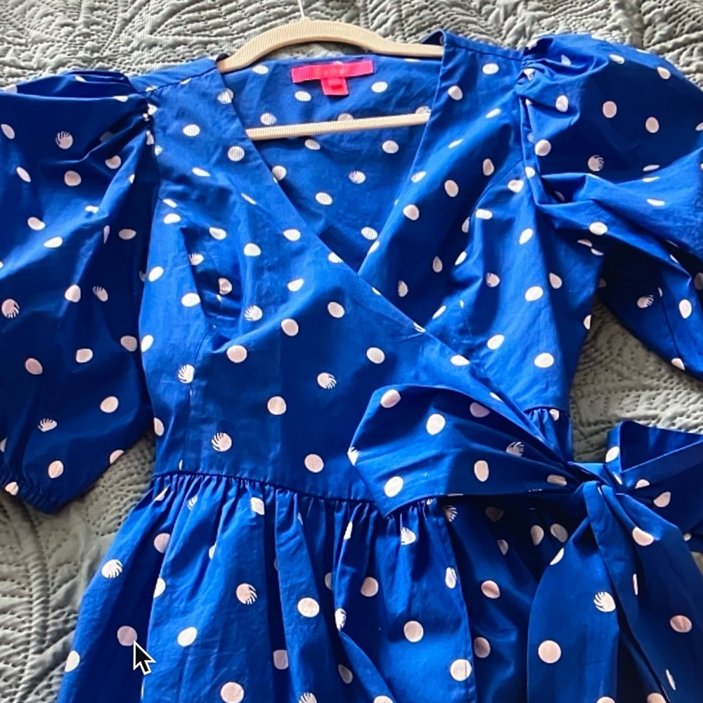 Lilly Pulitzer Royal Blue Polka Dot Kara Peplum Wrap Top with Puff Sleeves